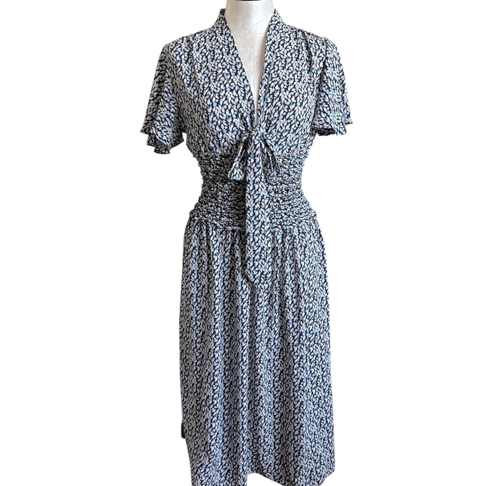 New Max Studio Women’s Midi Floral Short Sleeve Dress front tie ruched waist S